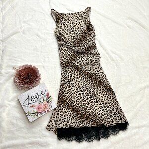 Tadashi Silk Dress Leopard Print Low V Back Ruched Waist Black Lace Lined Size 4